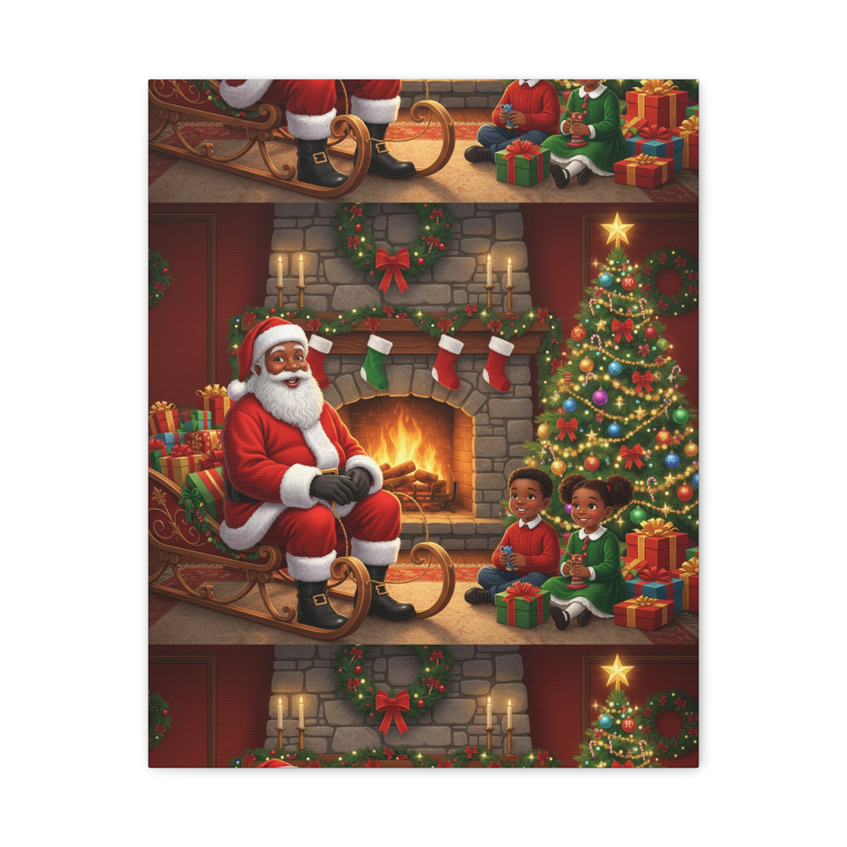 Christmas Santa Visit Canvas — Kids by the Fireplace Holiday Wall Art