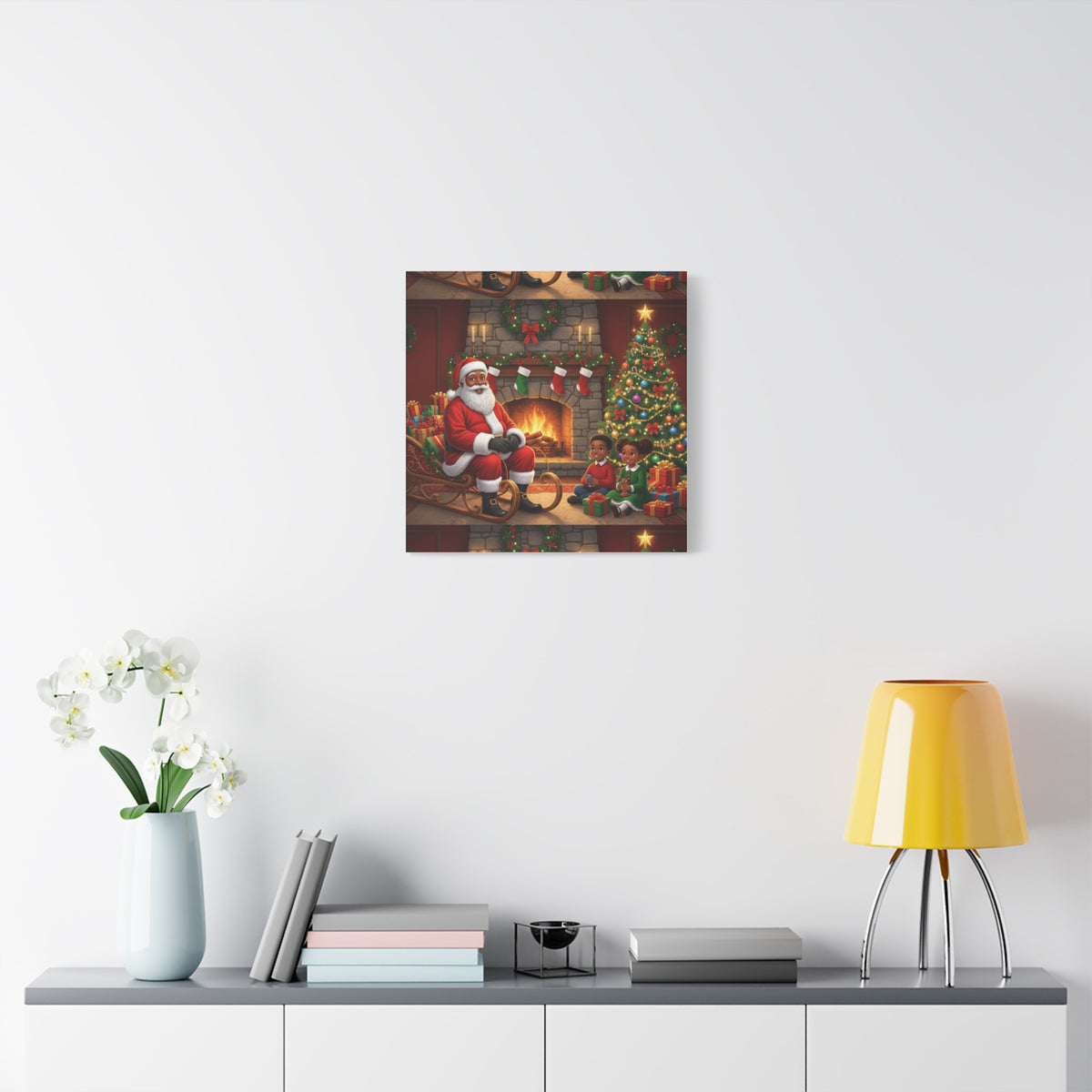Christmas Santa Visit Canvas — Kids by the Fireplace Holiday Wall Art
