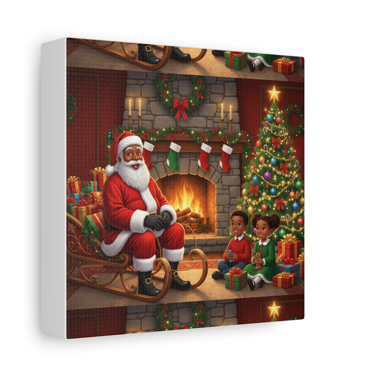 Christmas Santa Visit Canvas — Kids by the Fireplace Holiday Wall Art