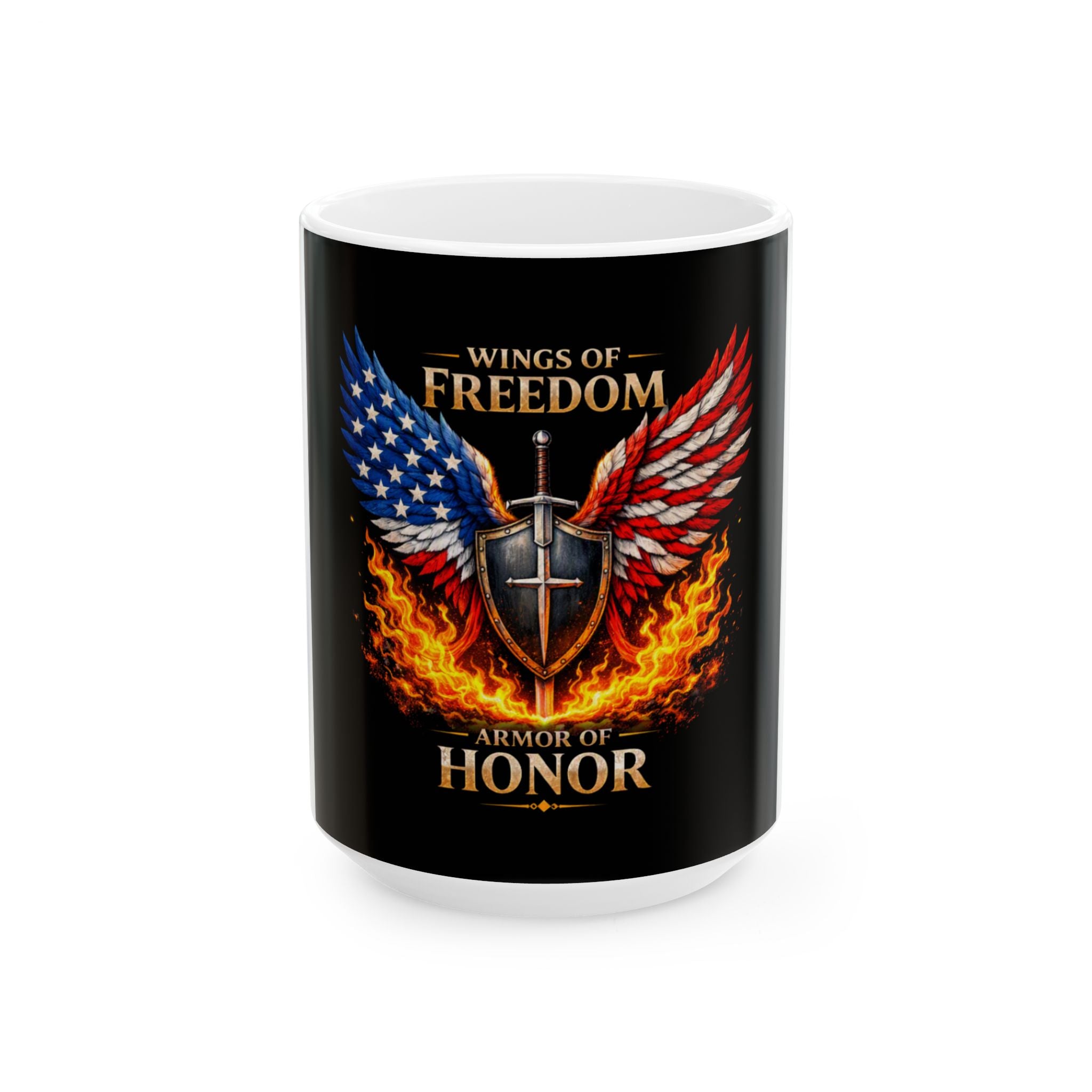 Wings of Freedom Ceramic Mug — "Armor of Honor" Patriotic USA Eagle & Shield Coffee Cup (11oz/15oz)