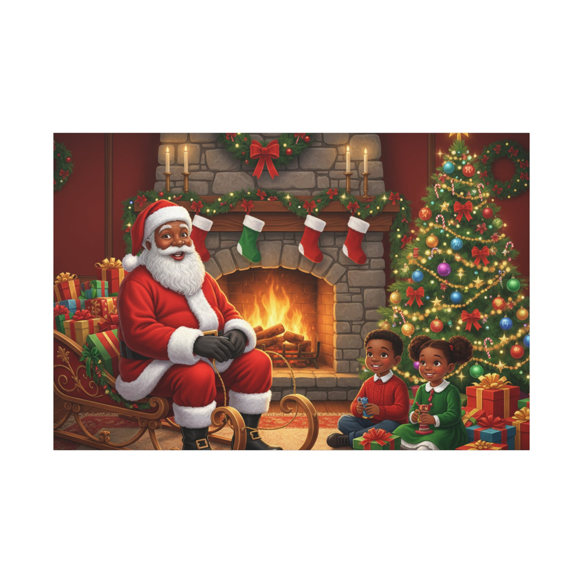 Christmas Santa Visit Canvas — Kids by the Fireplace Holiday Wall Art