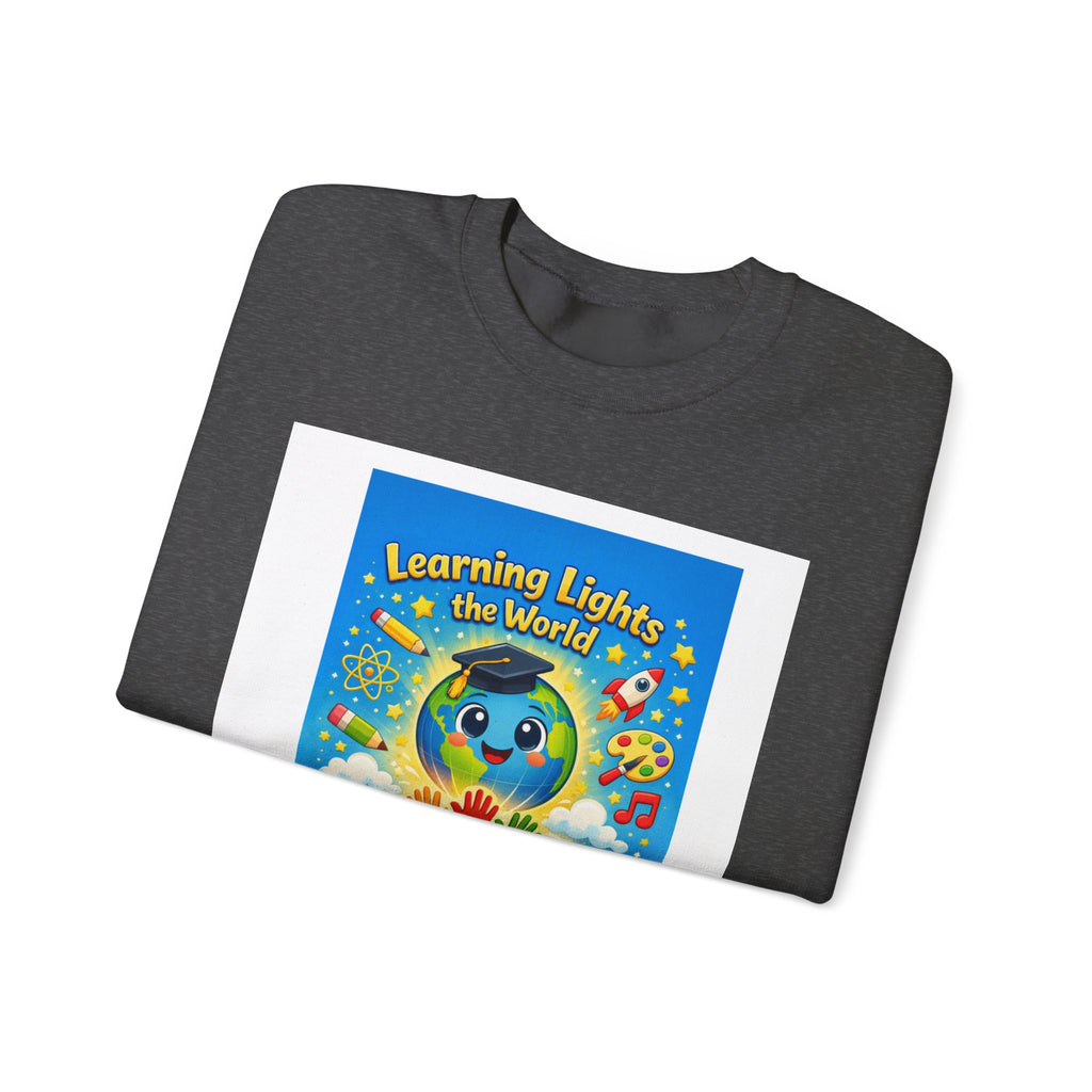 Crewneck Sweatshirt — "Learning Lights the World" Cute Graduation Earth Character Kids Educator Gift