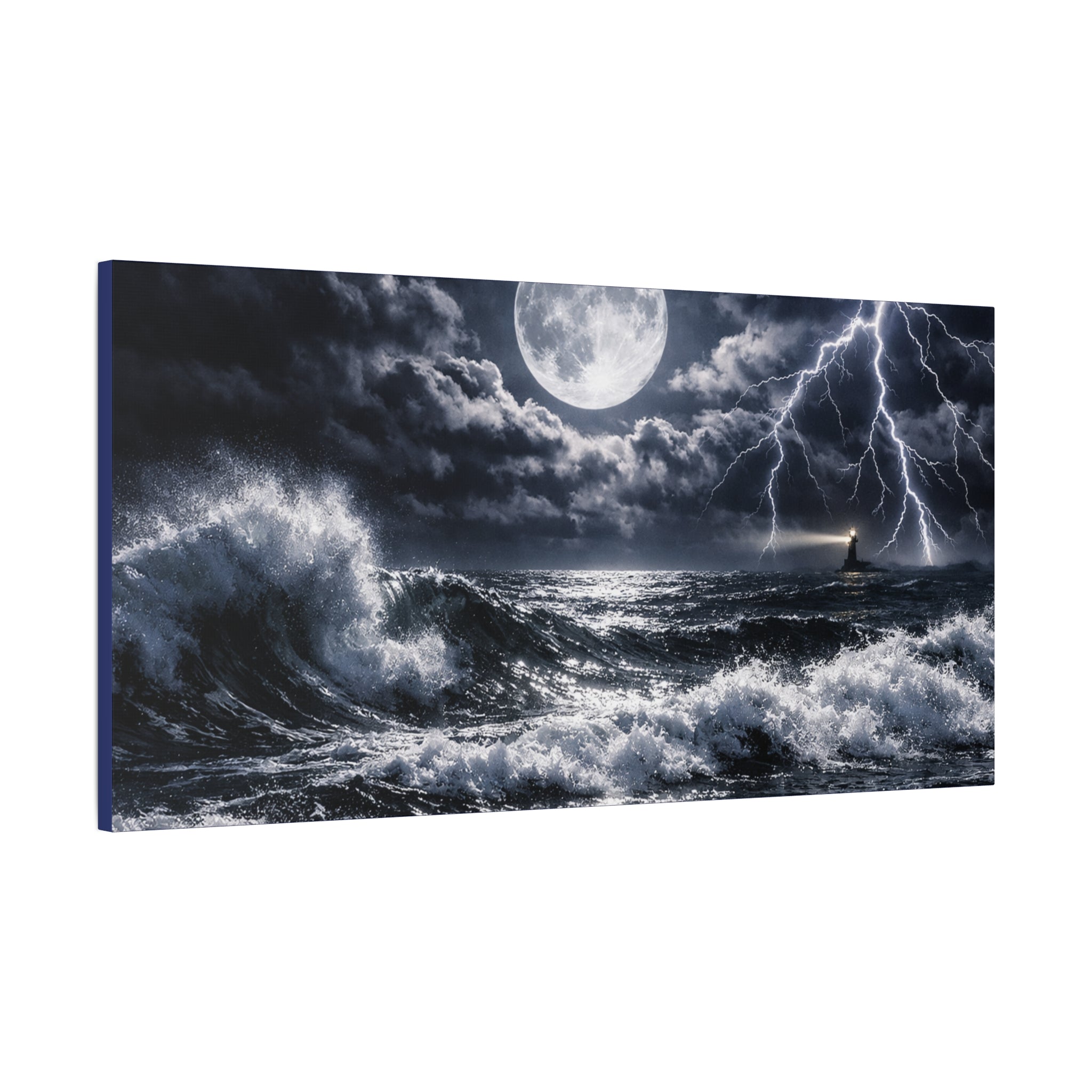 Stormy Moonlit Ocean Canvas Print — Dramatic Lighthouse Wall Art