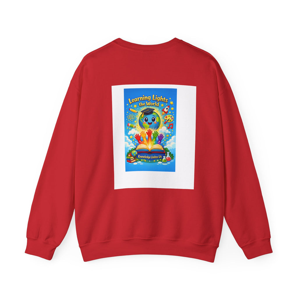 Crewneck Sweatshirt — "Learning Lights the World" Cute Graduation Earth Character Kids Educator Gift
