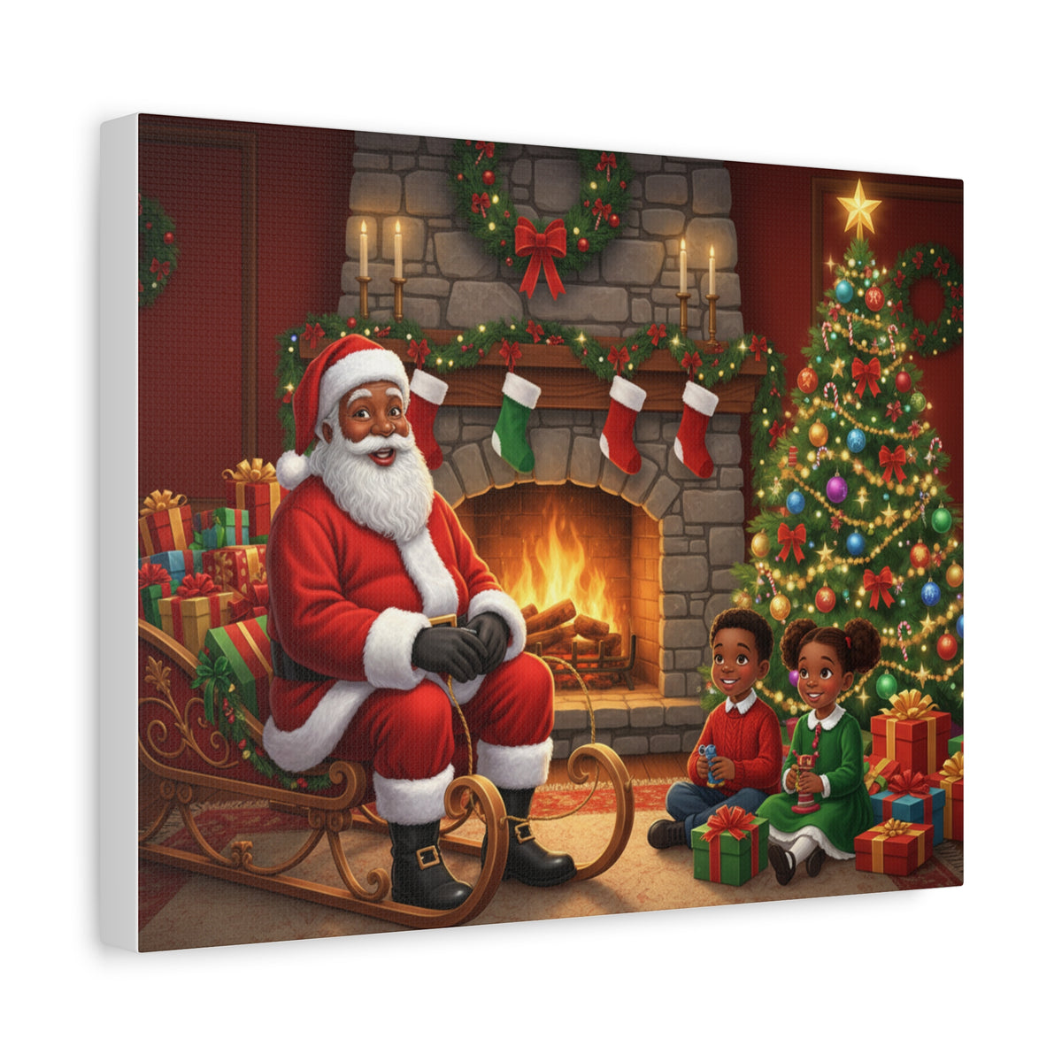 Christmas Santa Visit Canvas — Kids by the Fireplace Holiday Wall Art
