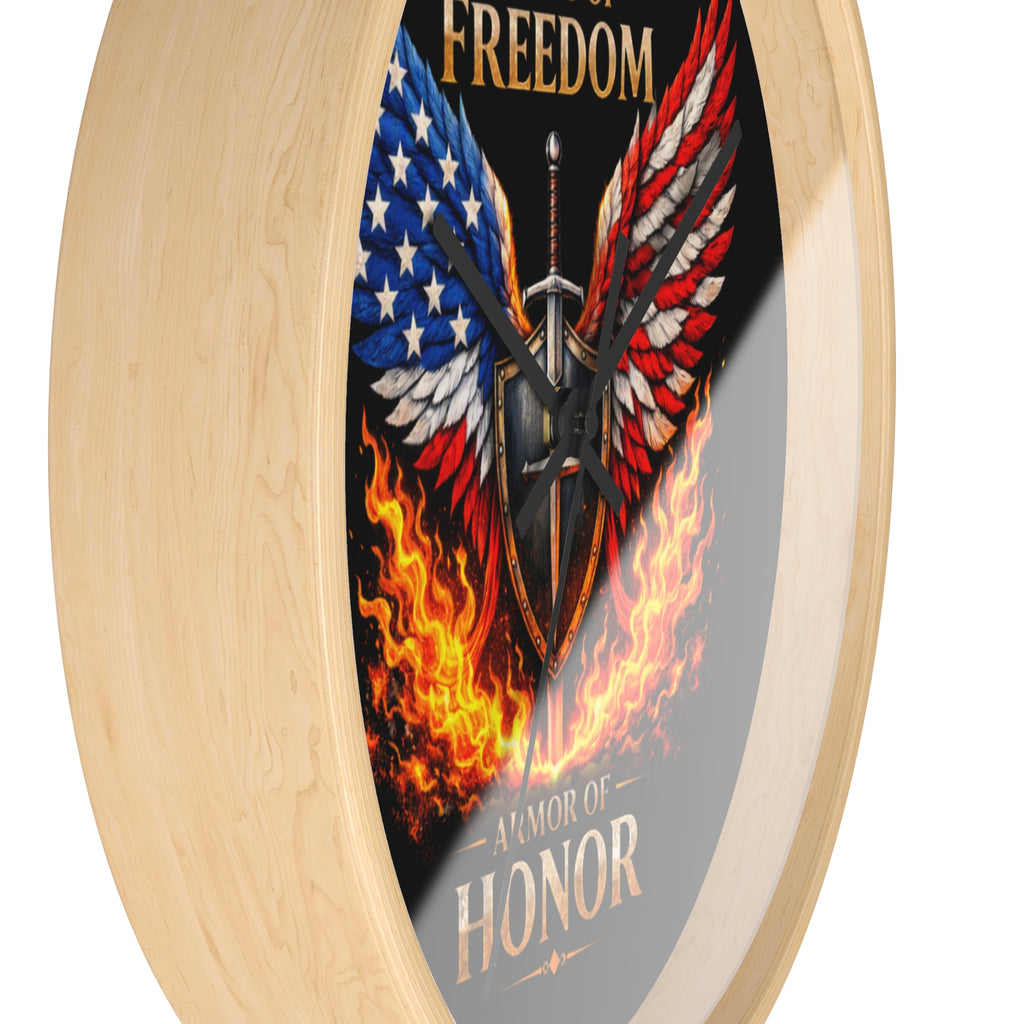 Wall Clock — Wings of Freedom Armor of Honor Patriotic American Eagle Flame Clock