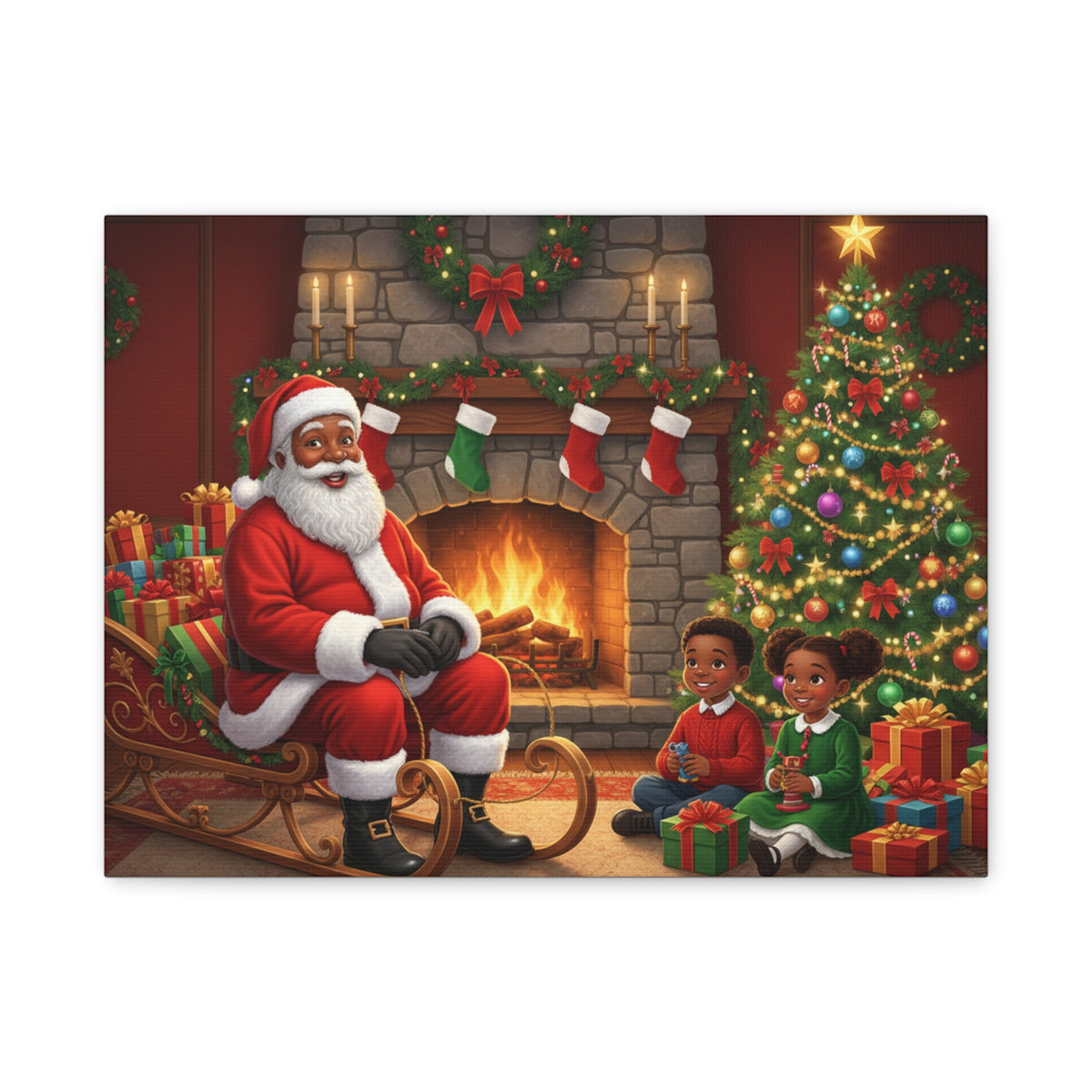 Christmas Santa Visit Canvas — Kids by the Fireplace Holiday Wall Art