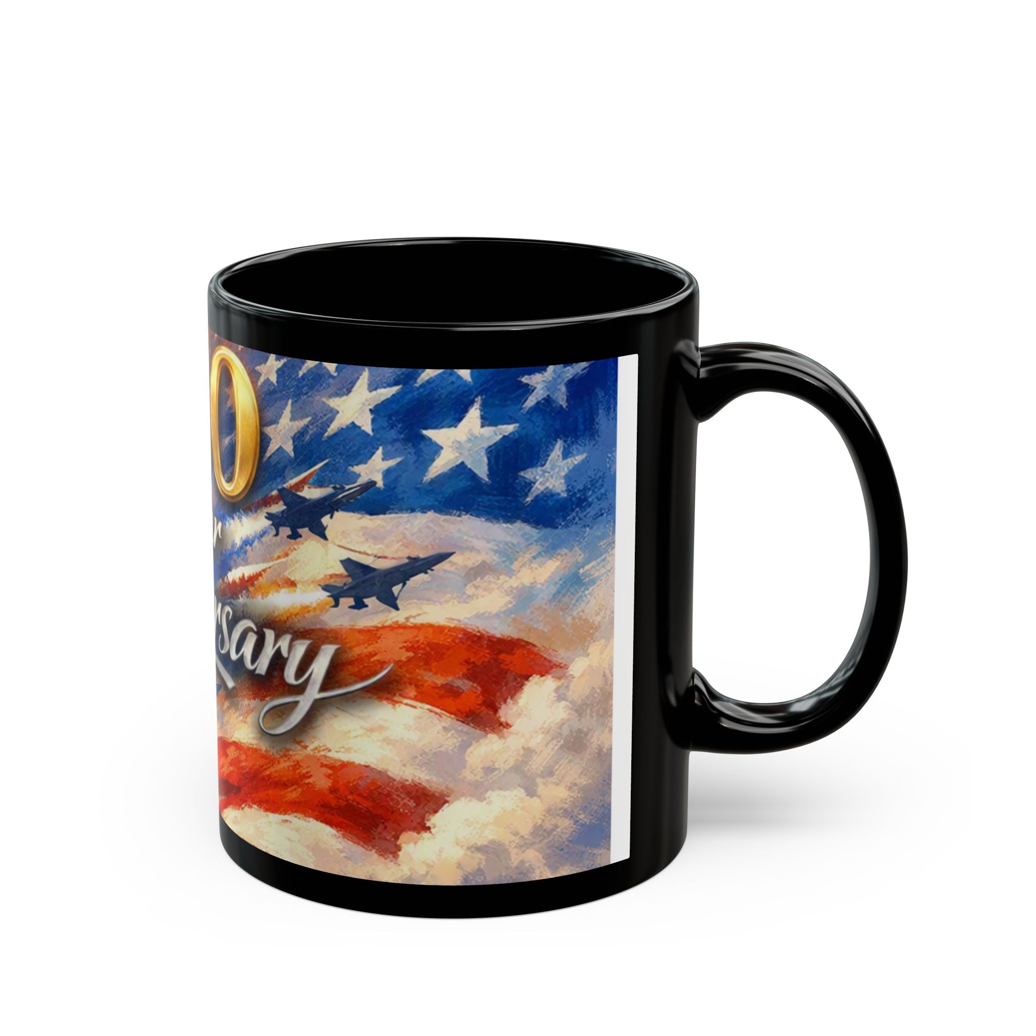 250 Year Anniversary Black Mug — Patriotic American Flag Commemorative Coffee Cup