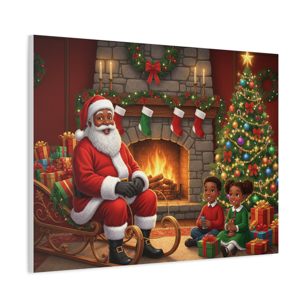 Christmas Santa Visit Canvas — Kids by the Fireplace Holiday Wall Art