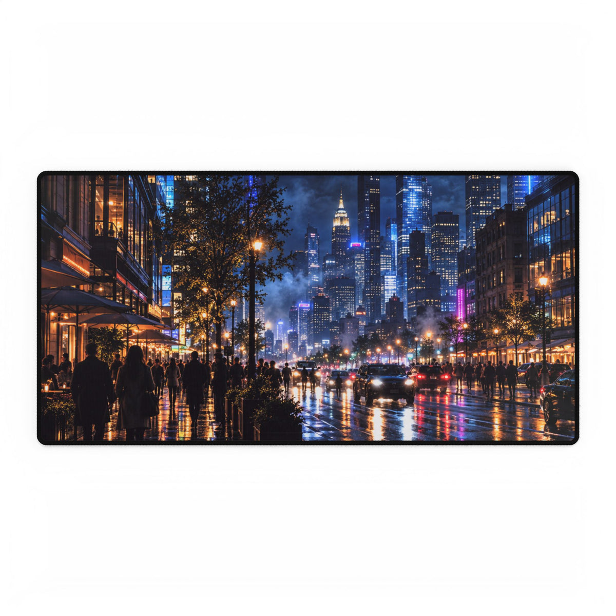 City Nightscape Desk Mat — Rainy Neon Skyline Large Mousepad