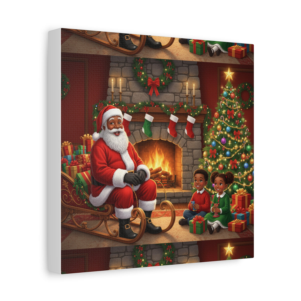 Christmas Santa Visit Canvas — Kids by the Fireplace Holiday Wall Art