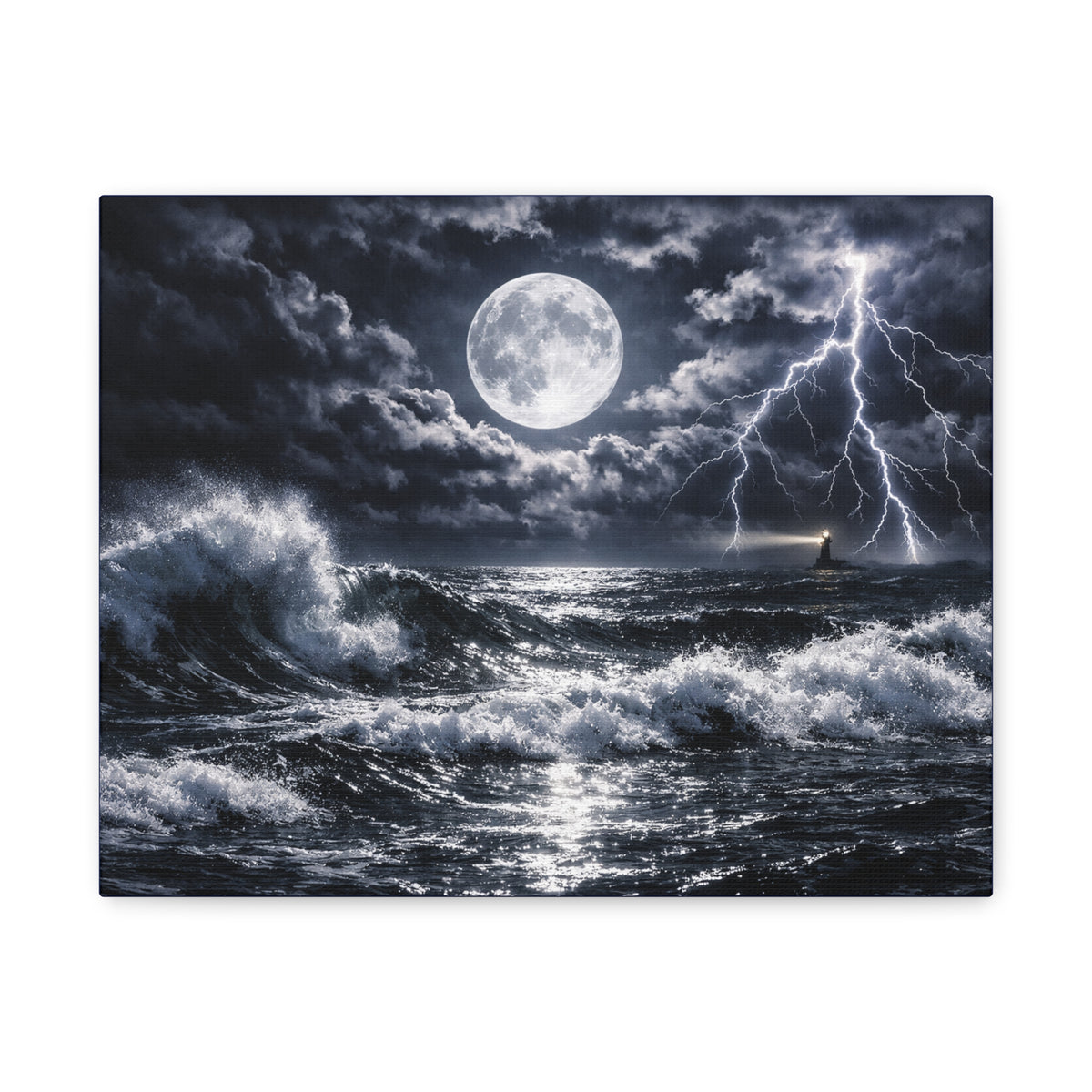 Stormy Moonlit Ocean Canvas Print — Dramatic Lighthouse Wall Art