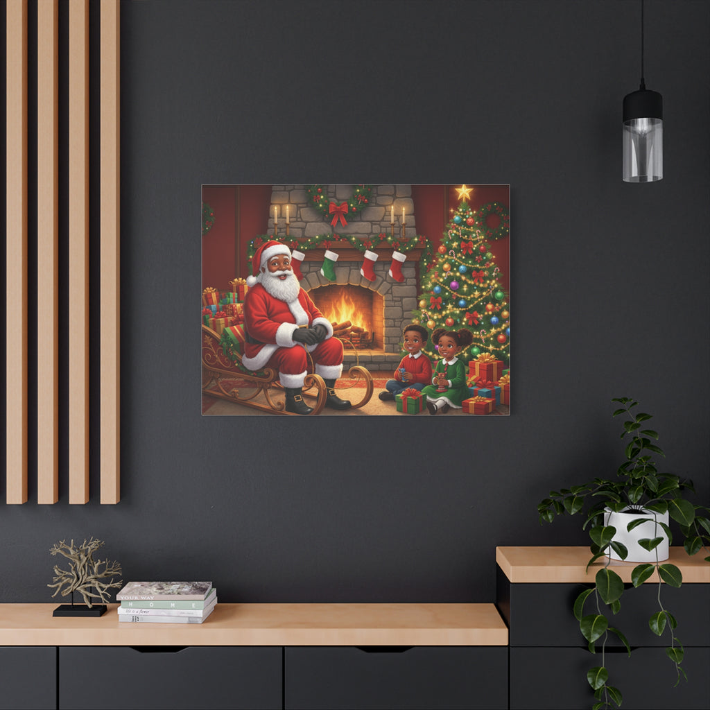 Christmas Santa Visit Canvas — Kids by the Fireplace Holiday Wall Art