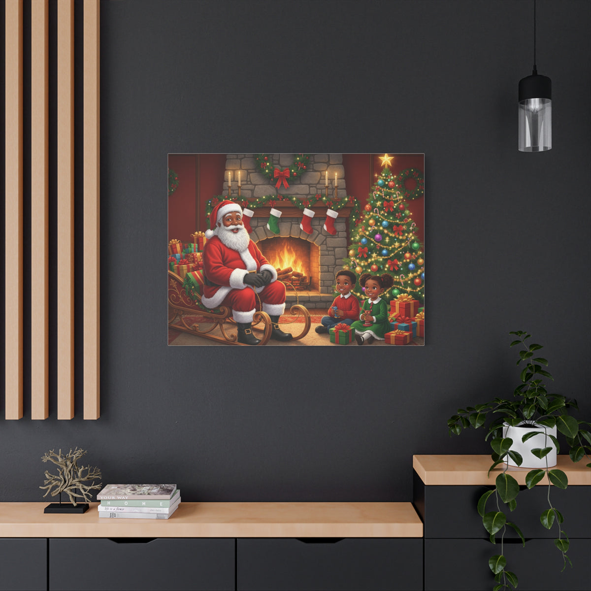 Christmas Santa Visit Canvas — Kids by the Fireplace Holiday Wall Art