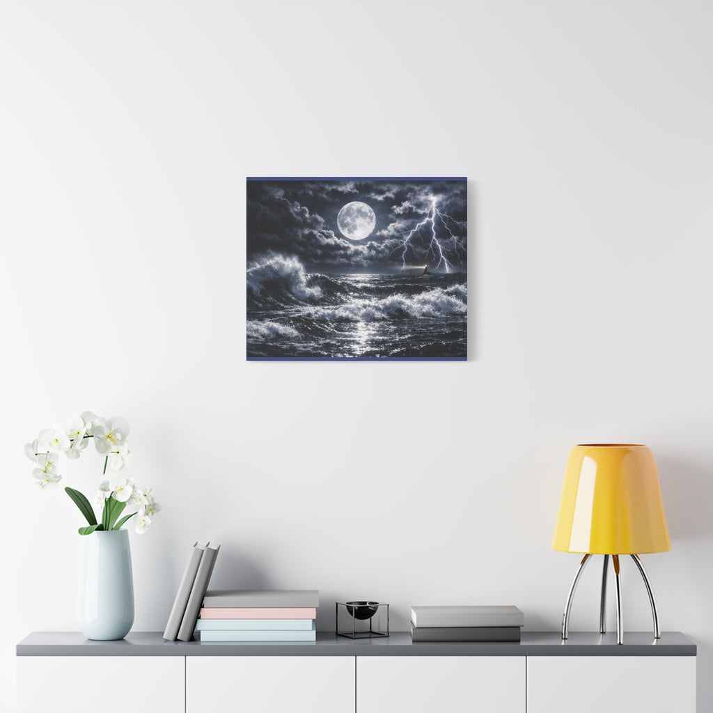 Stormy Moonlit Ocean Canvas Print — Dramatic Lighthouse Wall Art