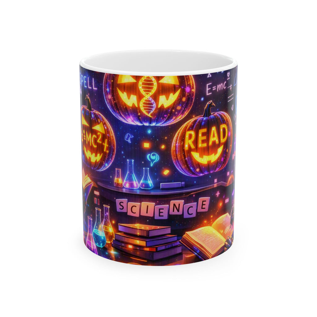 Halloween Science Pumpkin Mug — Glowing STEM & Read Lab Ceramic Coffee Cup (11oz/15oz)
