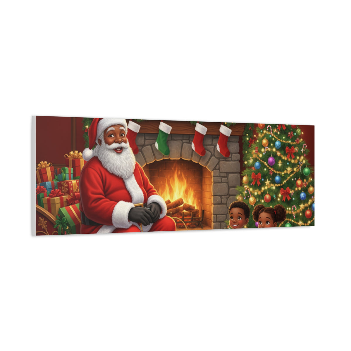 Christmas Santa Visit Canvas — Kids by the Fireplace Holiday Wall Art