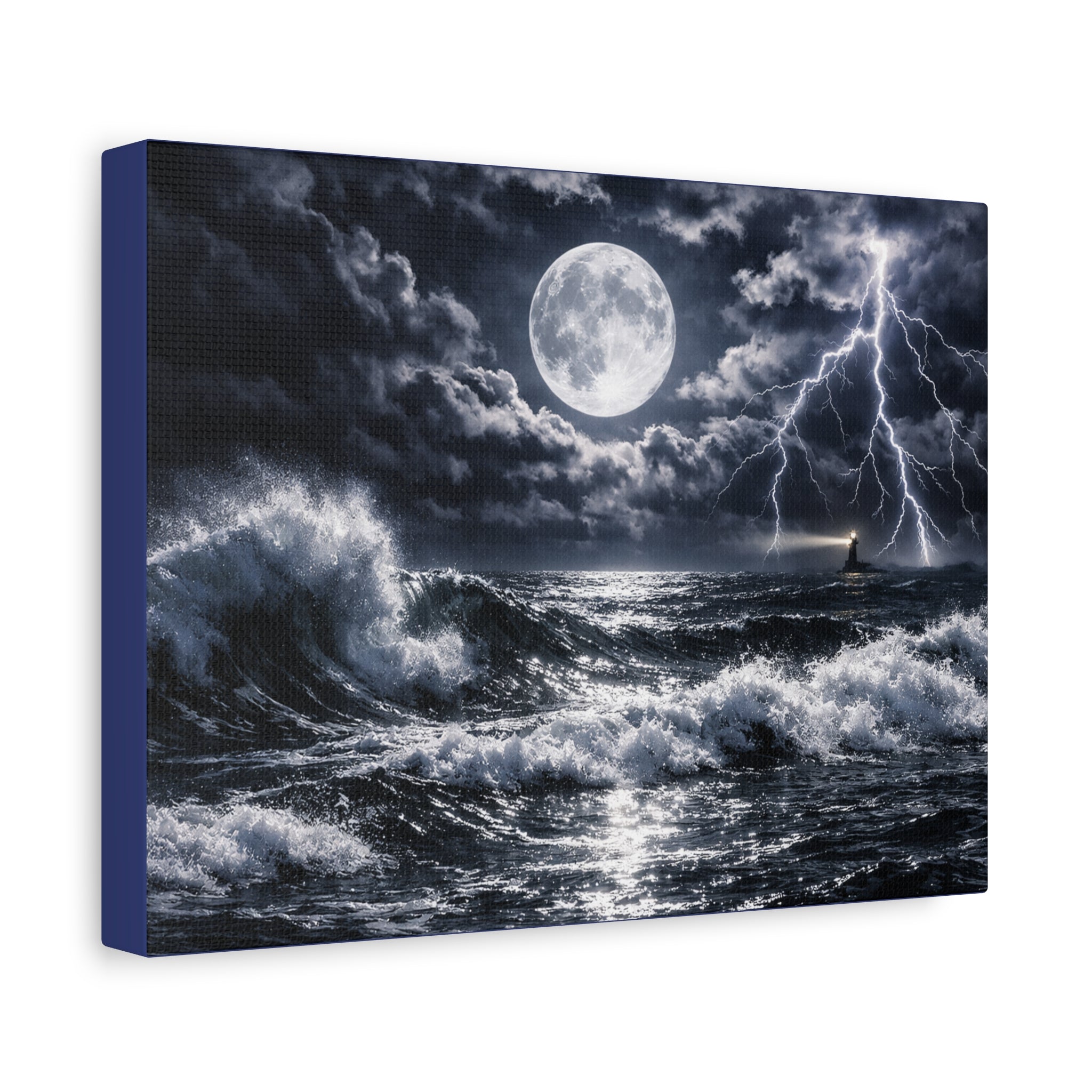 Stormy Moonlit Ocean Canvas Print — Dramatic Lighthouse Wall Art
