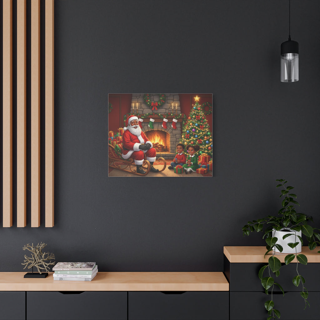 Christmas Santa Visit Canvas — Kids by the Fireplace Holiday Wall Art