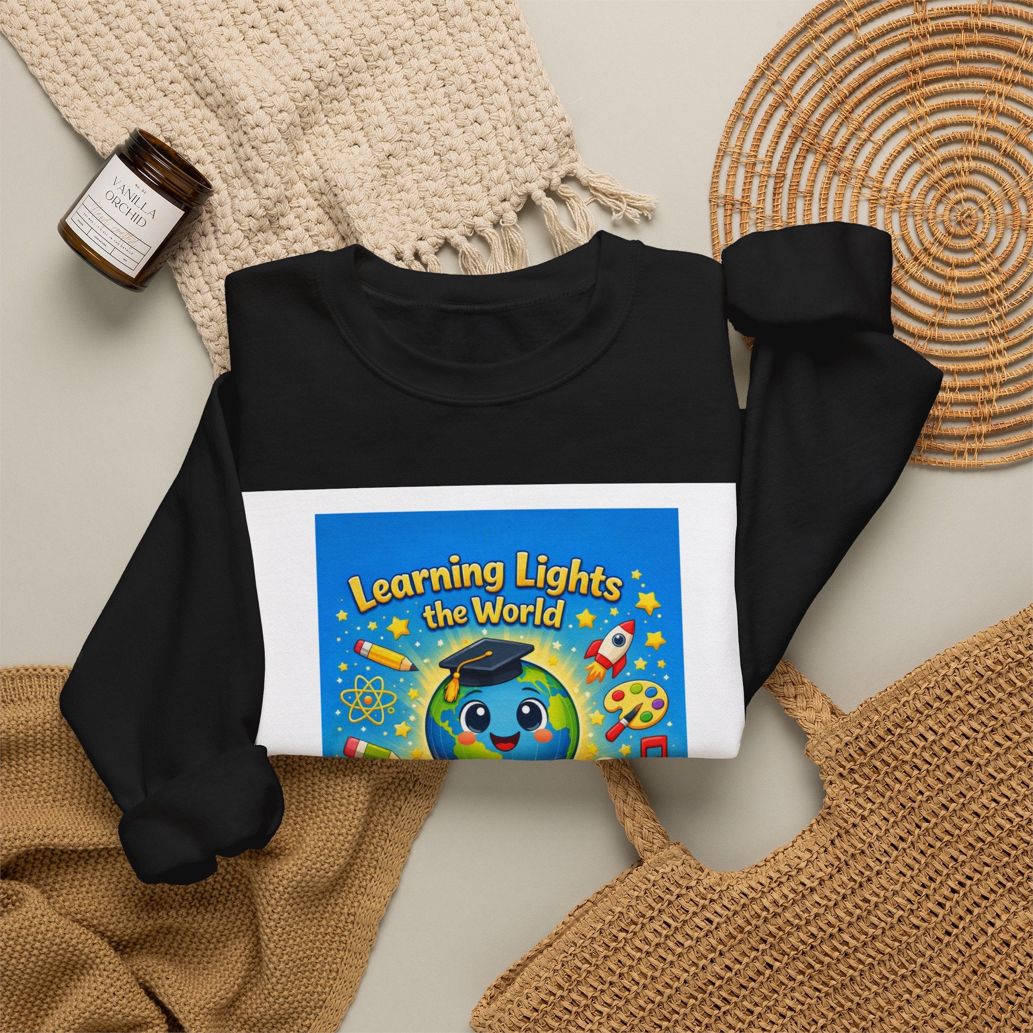 Crewneck Sweatshirt — "Learning Lights the World" Cute Graduation Earth Character Kids Educator Gift