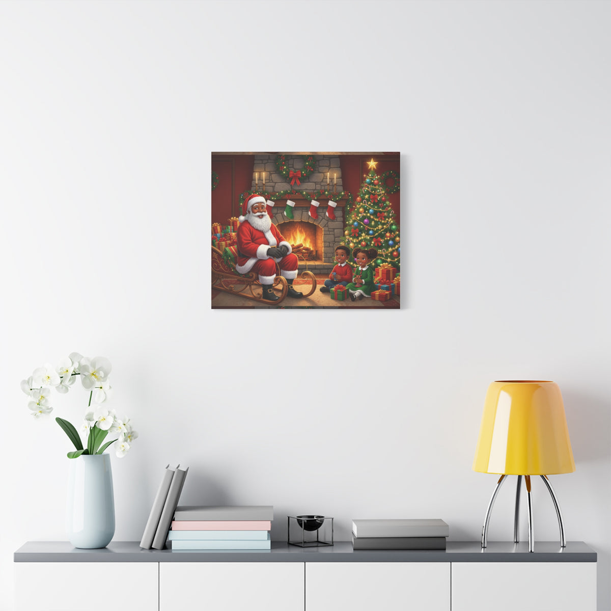 Christmas Santa Visit Canvas — Kids by the Fireplace Holiday Wall Art