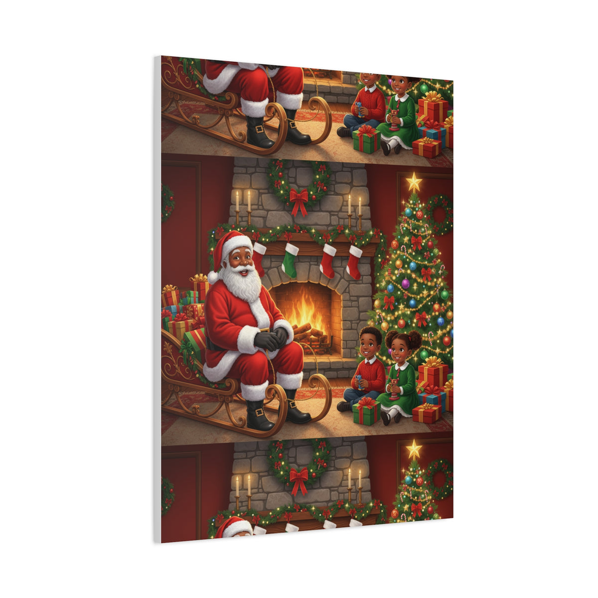 Christmas Santa Visit Canvas — Kids by the Fireplace Holiday Wall Art