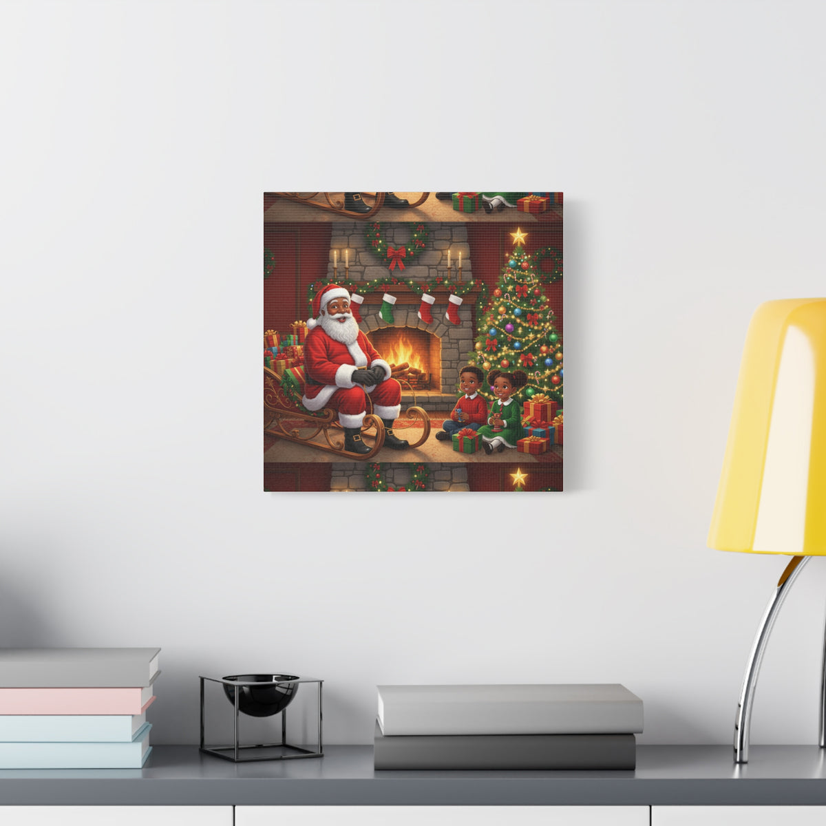 Christmas Santa Visit Canvas — Kids by the Fireplace Holiday Wall Art