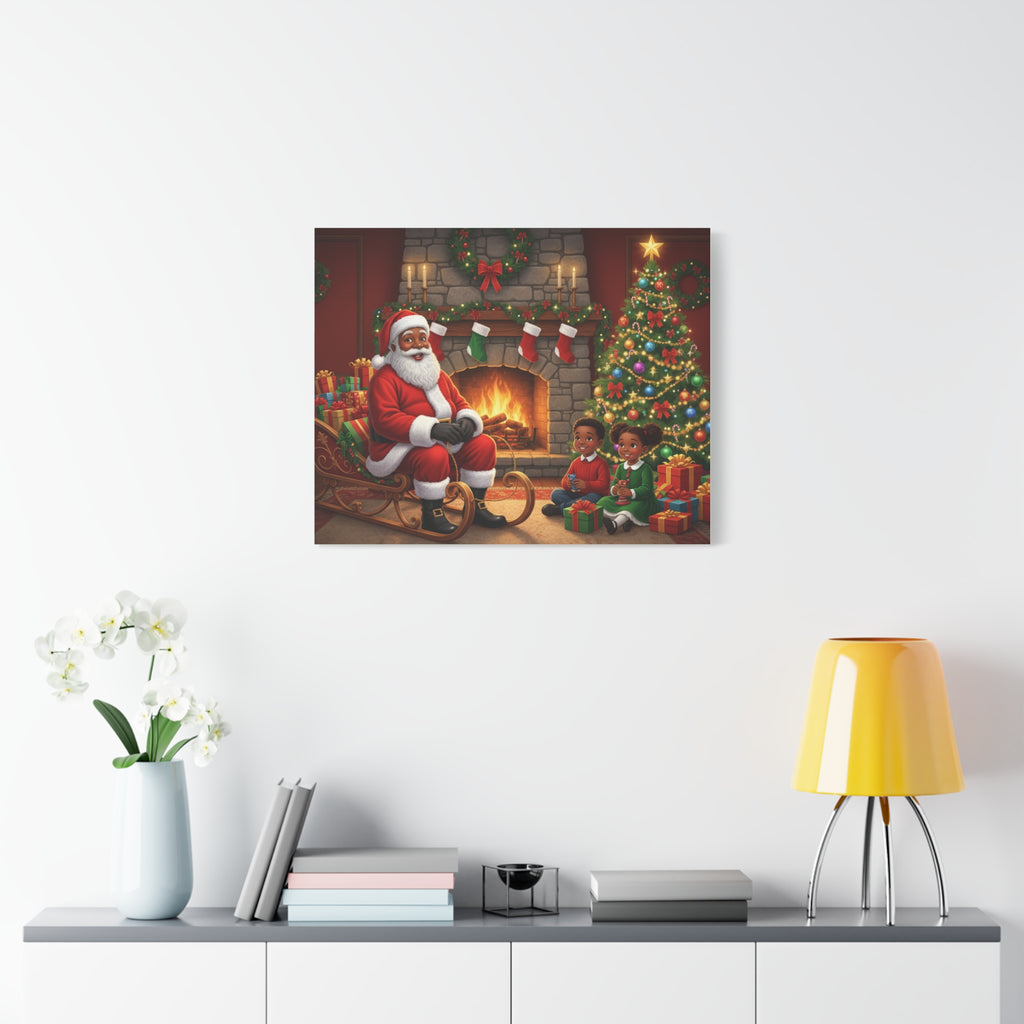 Christmas Santa Visit Canvas — Kids by the Fireplace Holiday Wall Art