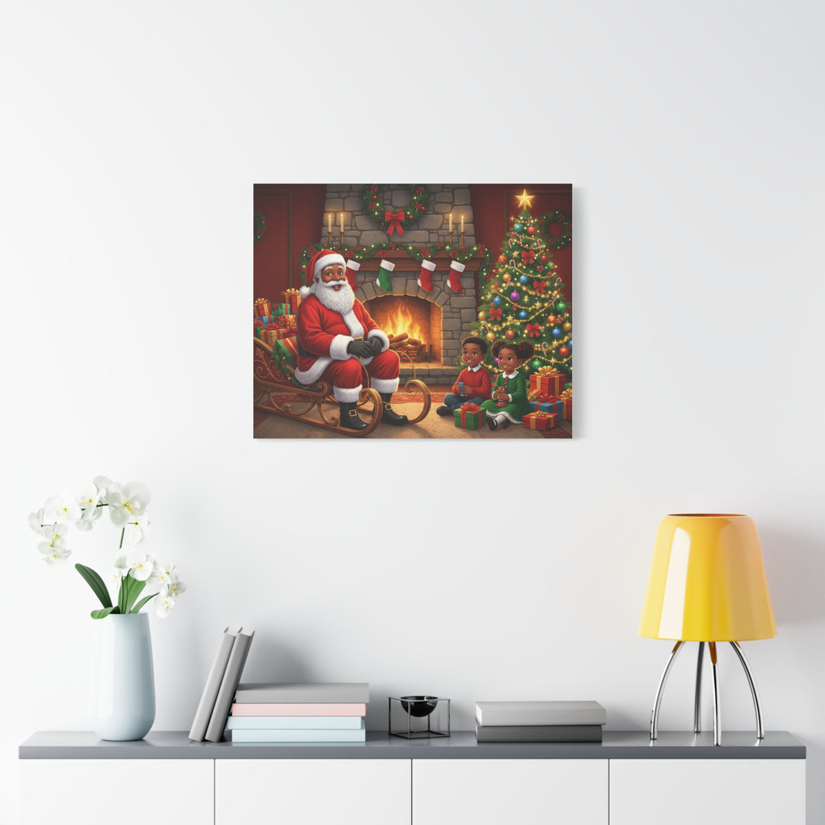Christmas Santa Visit Canvas — Kids by the Fireplace Holiday Wall Art