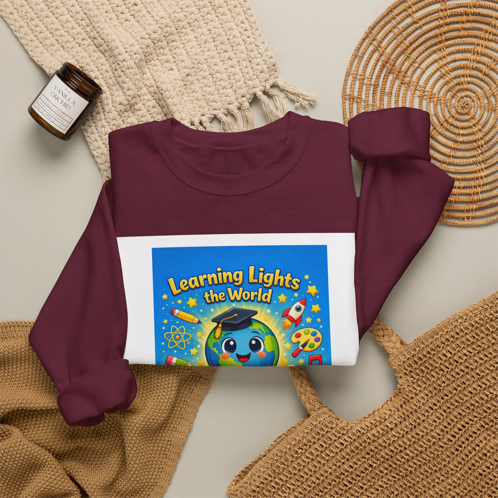Crewneck Sweatshirt — "Learning Lights the World" Cute Graduation Earth Character Kids Educator Gift