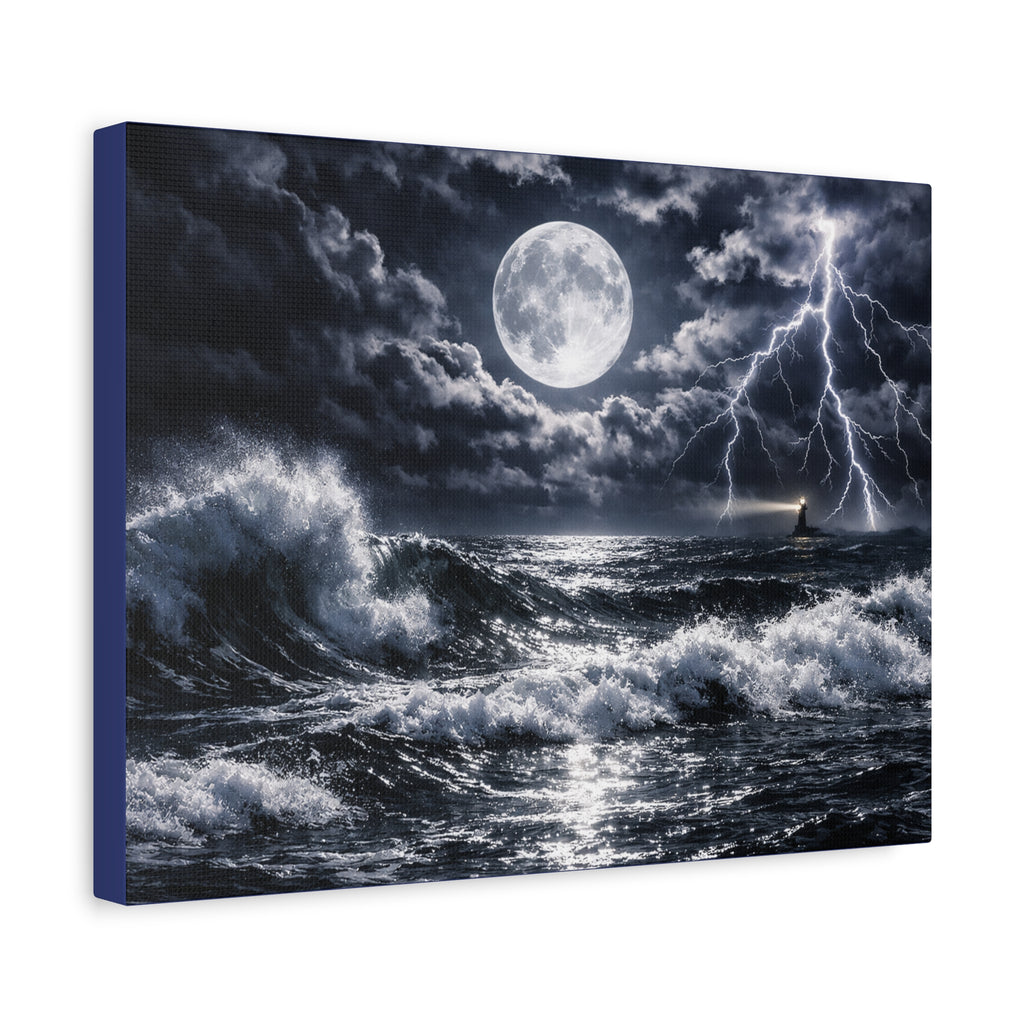 Stormy Moonlit Ocean Canvas Print — Dramatic Lighthouse Wall Art