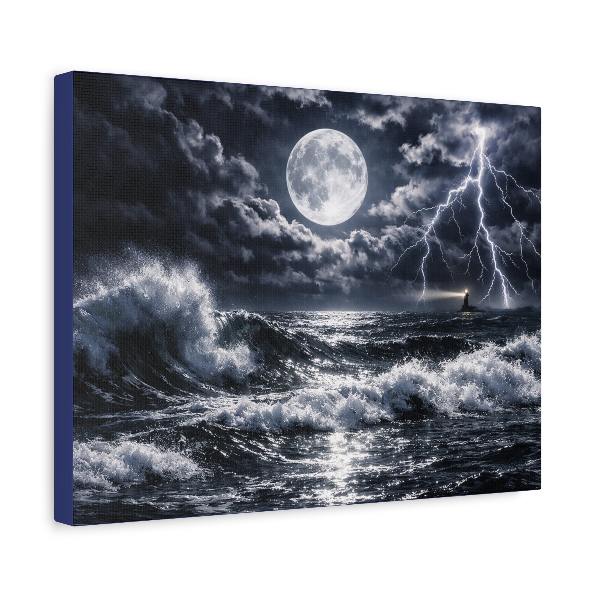 Stormy Moonlit Ocean Canvas Print — Dramatic Lighthouse Wall Art