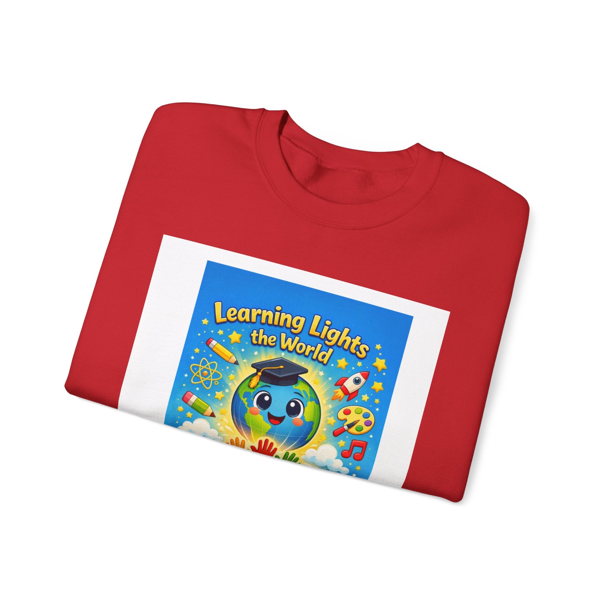 Crewneck Sweatshirt — "Learning Lights the World" Cute Graduation Earth Character Kids Educator Gift
