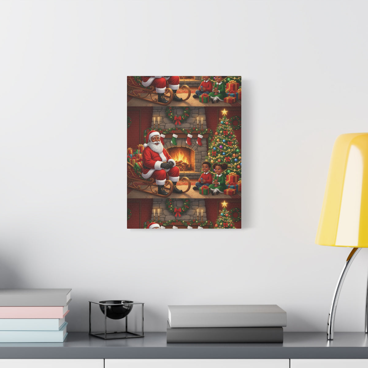 Christmas Santa Visit Canvas — Kids by the Fireplace Holiday Wall Art