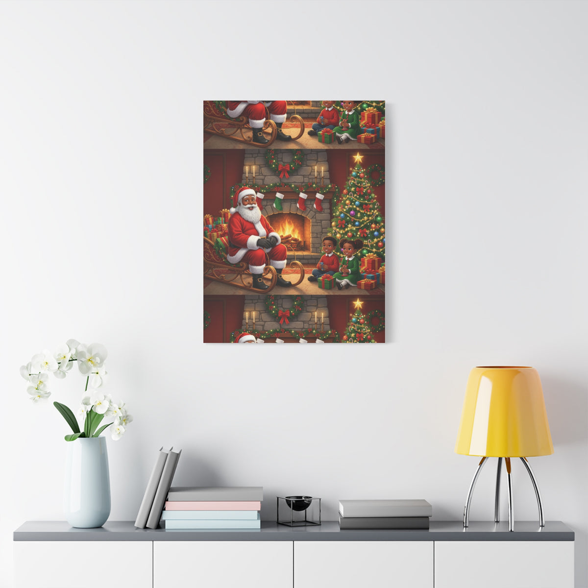 Christmas Santa Visit Canvas — Kids by the Fireplace Holiday Wall Art