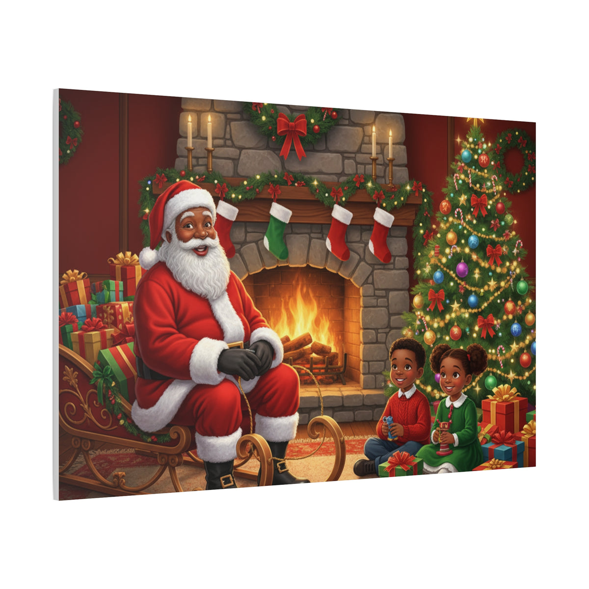 Christmas Santa Visit Canvas — Kids by the Fireplace Holiday Wall Art