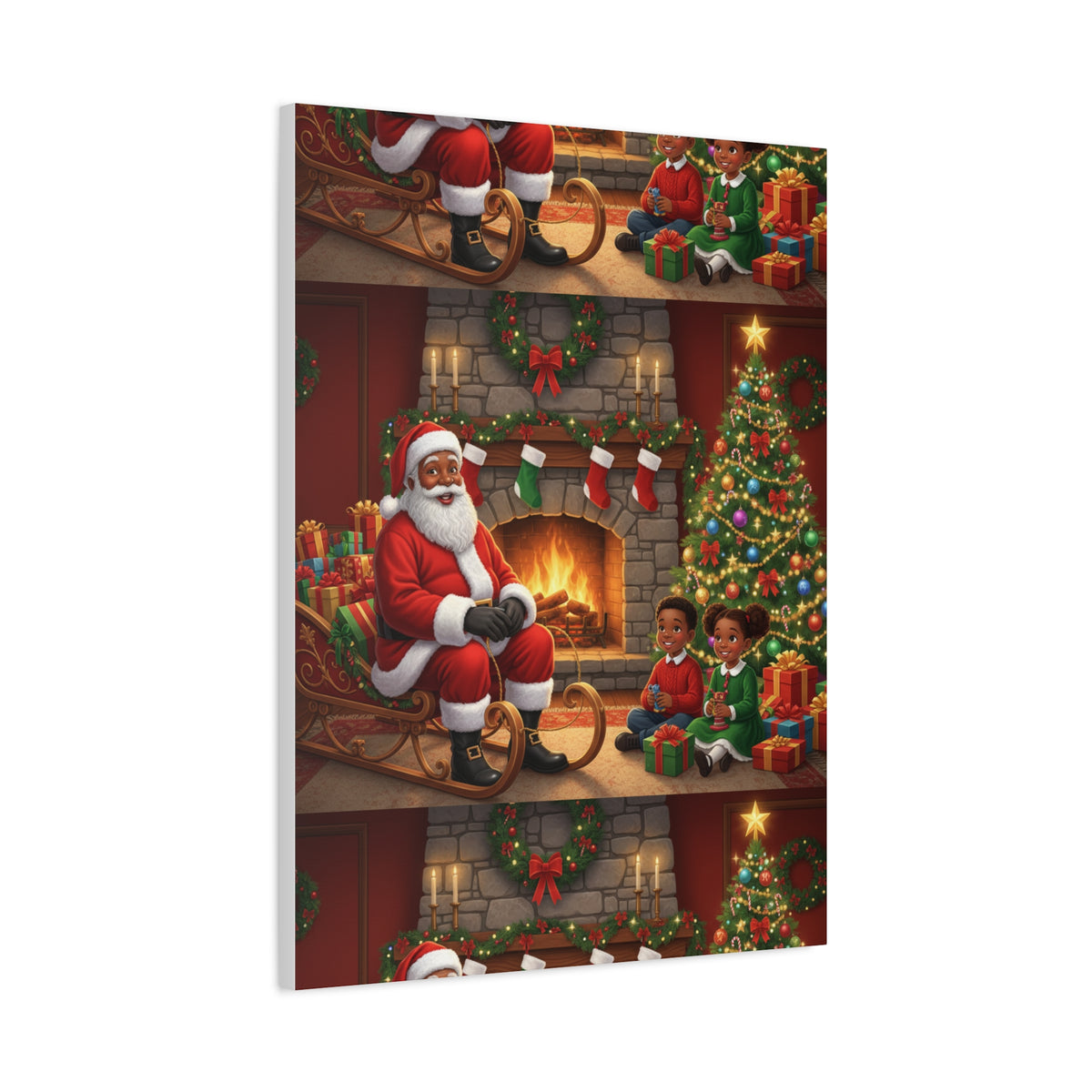 Christmas Santa Visit Canvas — Kids by the Fireplace Holiday Wall Art
