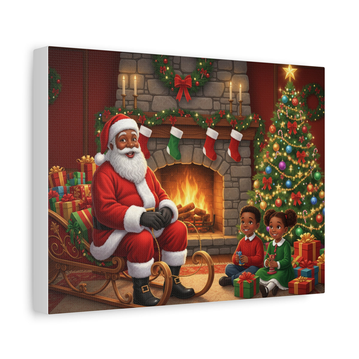 Christmas Santa Visit Canvas — Kids by the Fireplace Holiday Wall Art