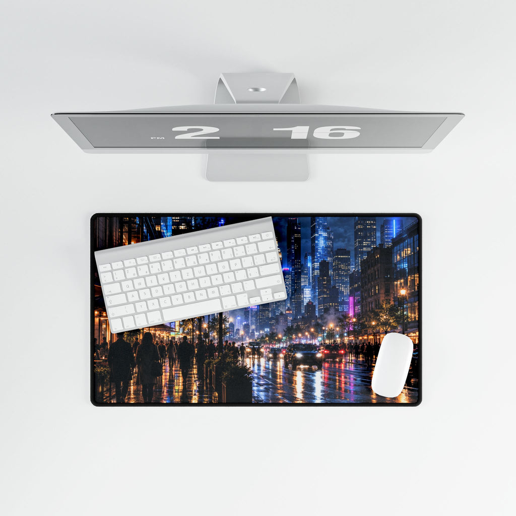 City Nightscape Desk Mat — Rainy Neon Skyline Large Mousepad