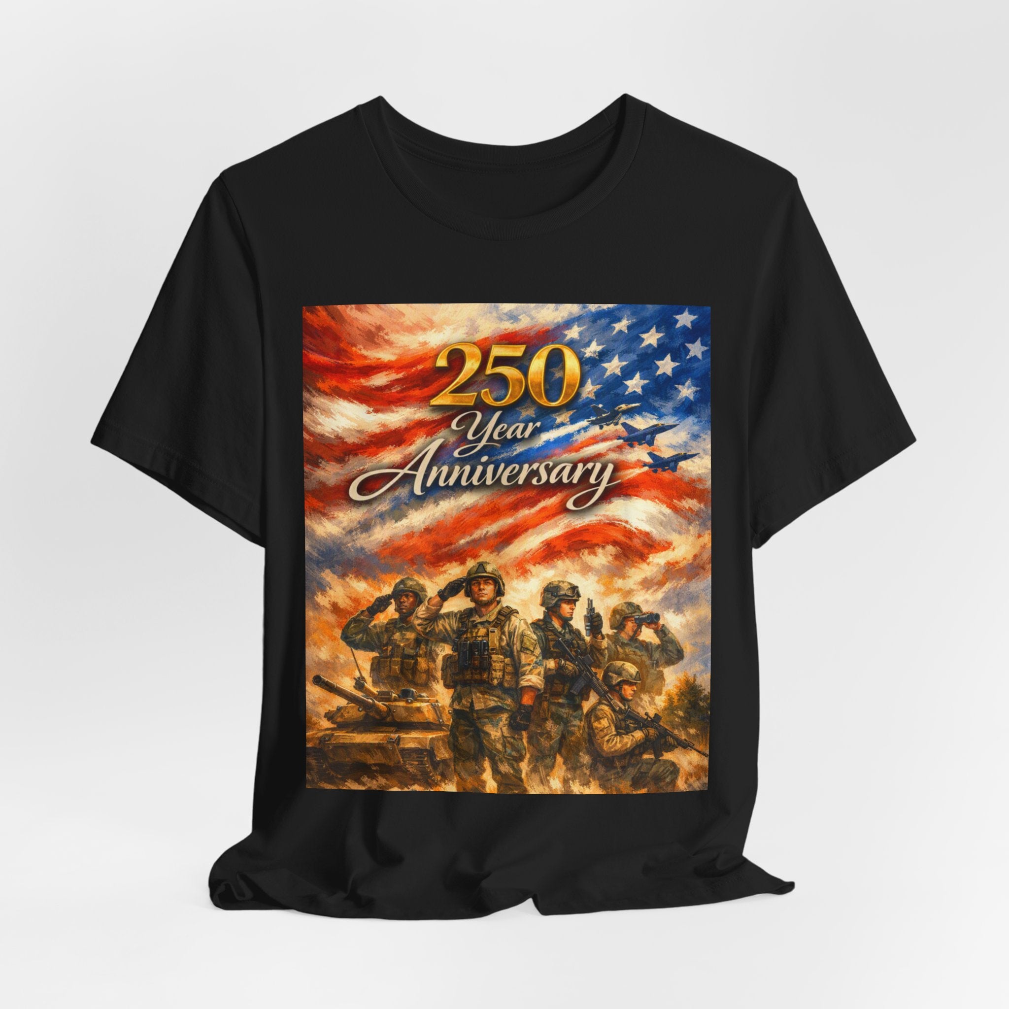 250 Year Anniversary Patriotic T-Shirt — American Flag & Soldiers Tribute