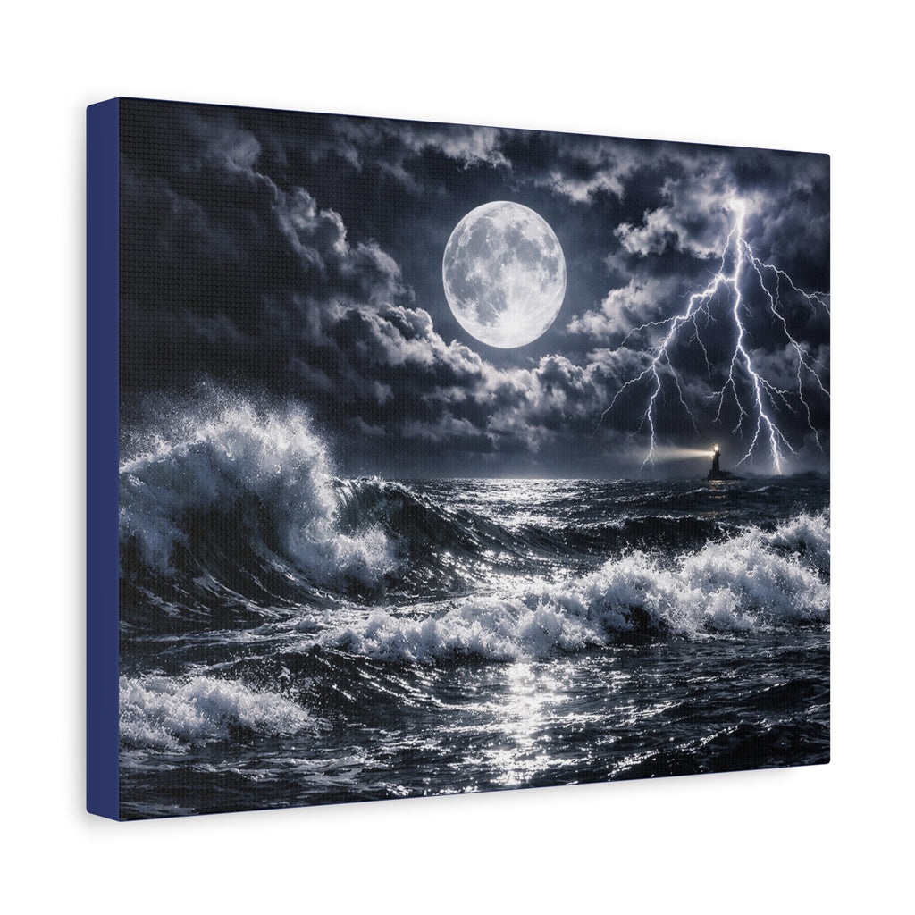 Stormy Moonlit Ocean Canvas Print — Dramatic Lighthouse Wall Art