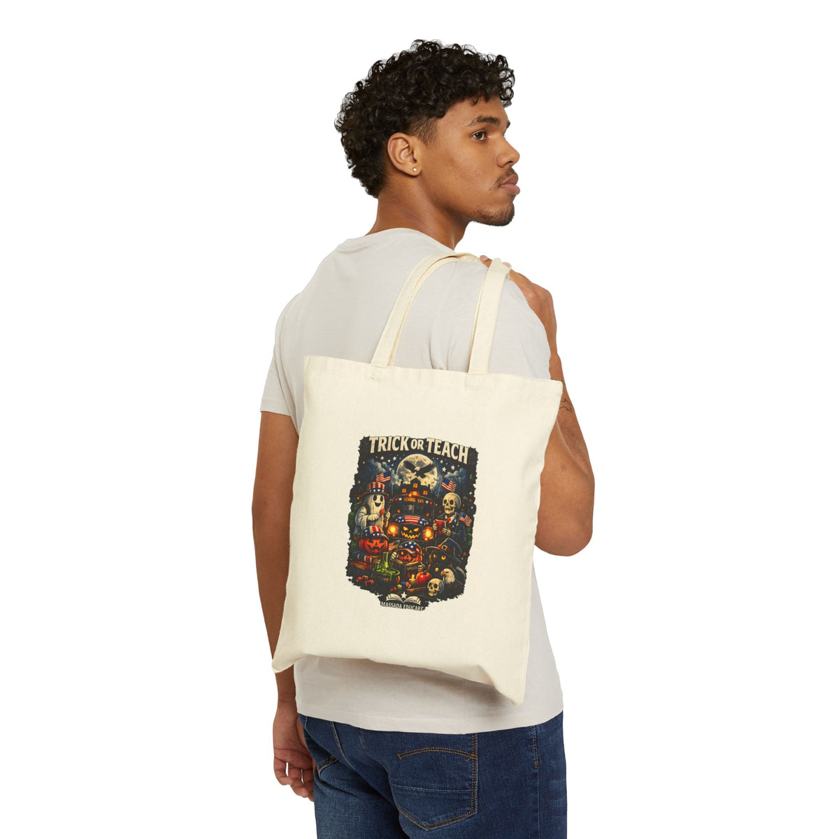 Trick or Teach Halloween Canvas Tote — Vintage Pumpkin & Kids Spooky Market Bag