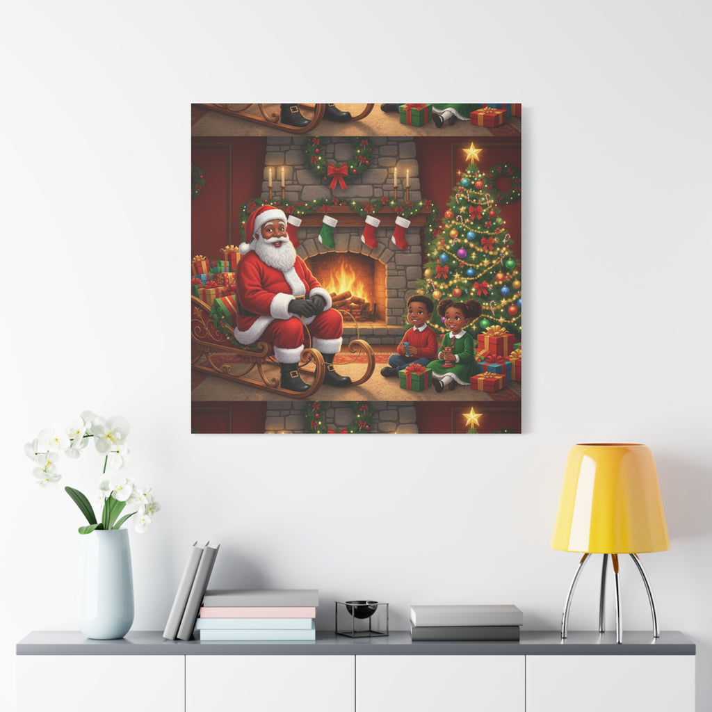 Christmas Santa Visit Canvas — Kids by the Fireplace Holiday Wall Art