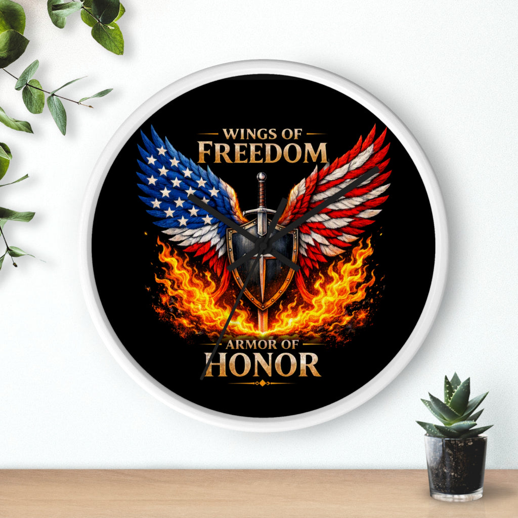 Wall Clock — Wings of Freedom Armor of Honor Patriotic American Eagle Flame Clock