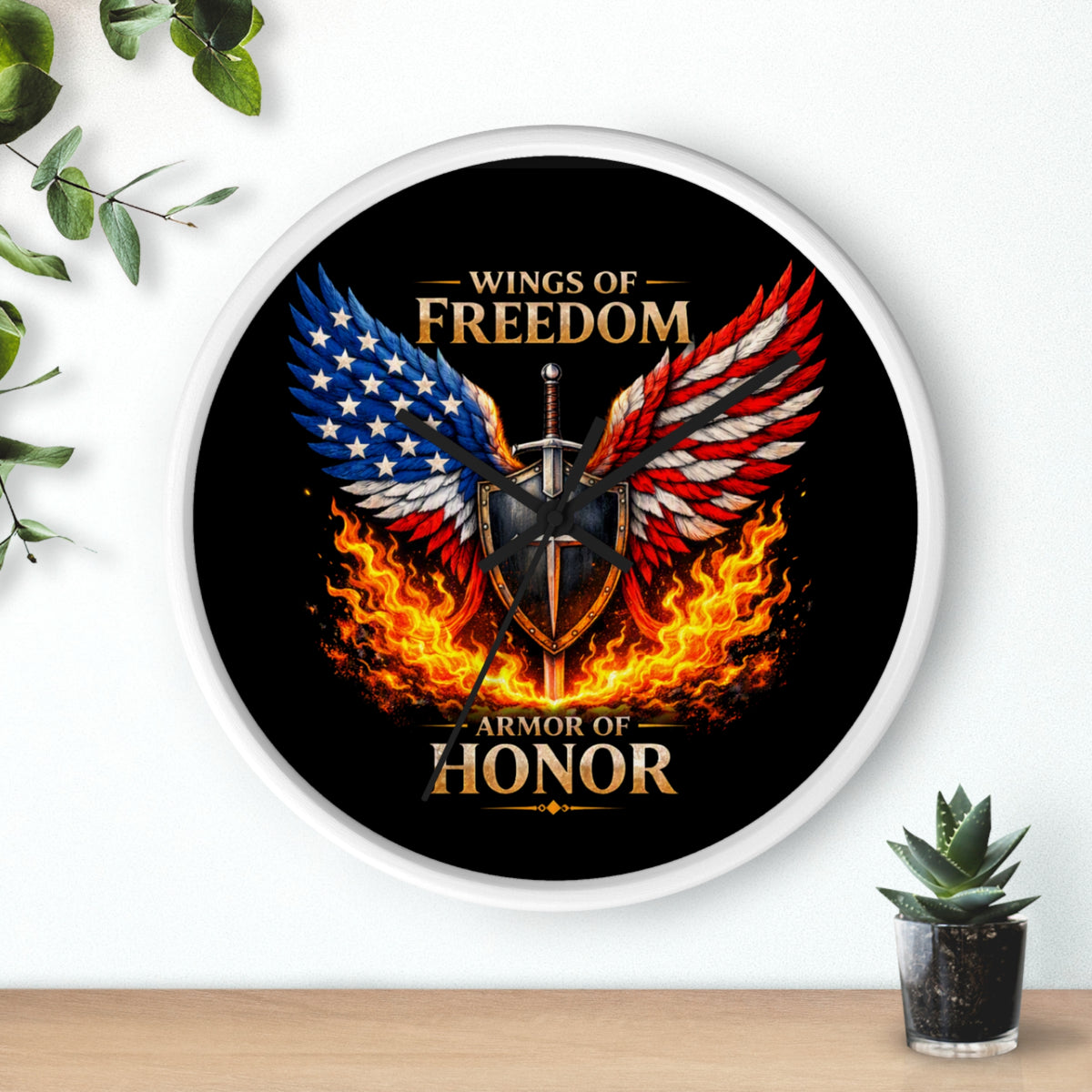 Wall Clock — Wings of Freedom Armor of Honor Patriotic American Eagle Flame Clock