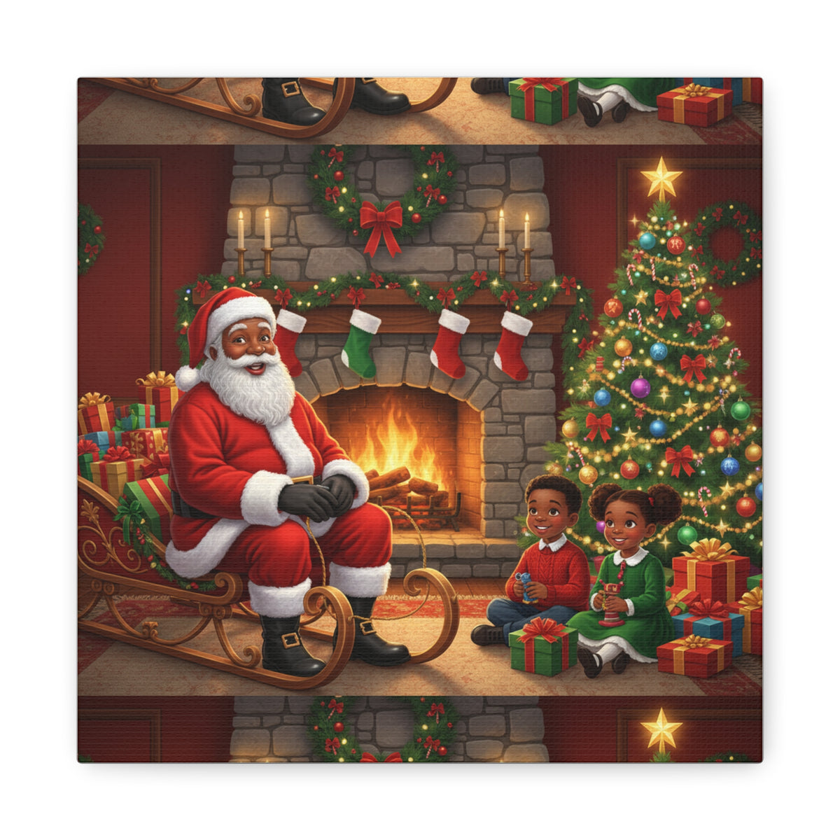 Christmas Santa Visit Canvas — Kids by the Fireplace Holiday Wall Art