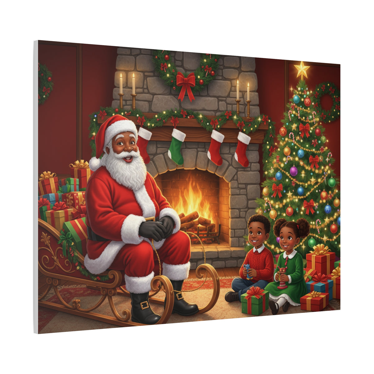 Christmas Santa Visit Canvas — Kids by the Fireplace Holiday Wall Art