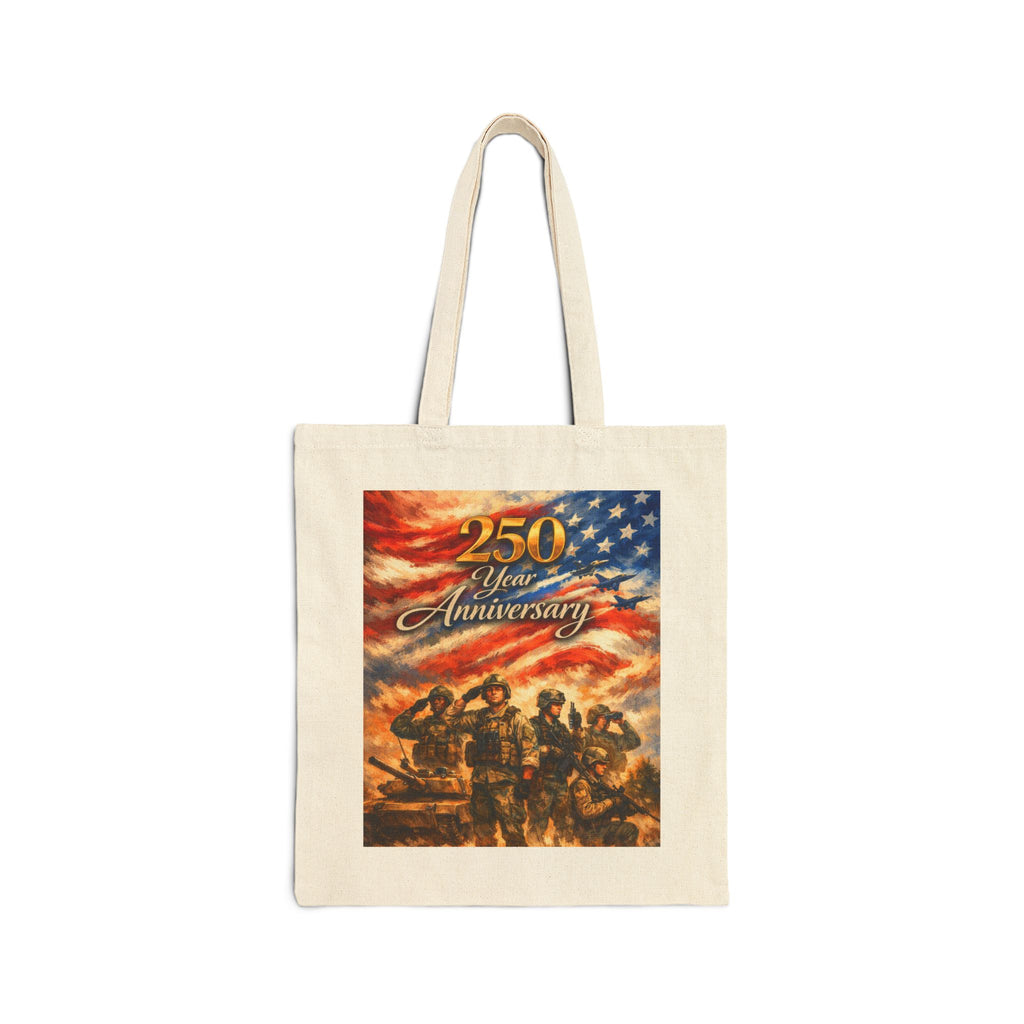 250th Anniversary Patriotic Tote Bag — American Flag & Revolutionary Soldiers Canvas Tote
