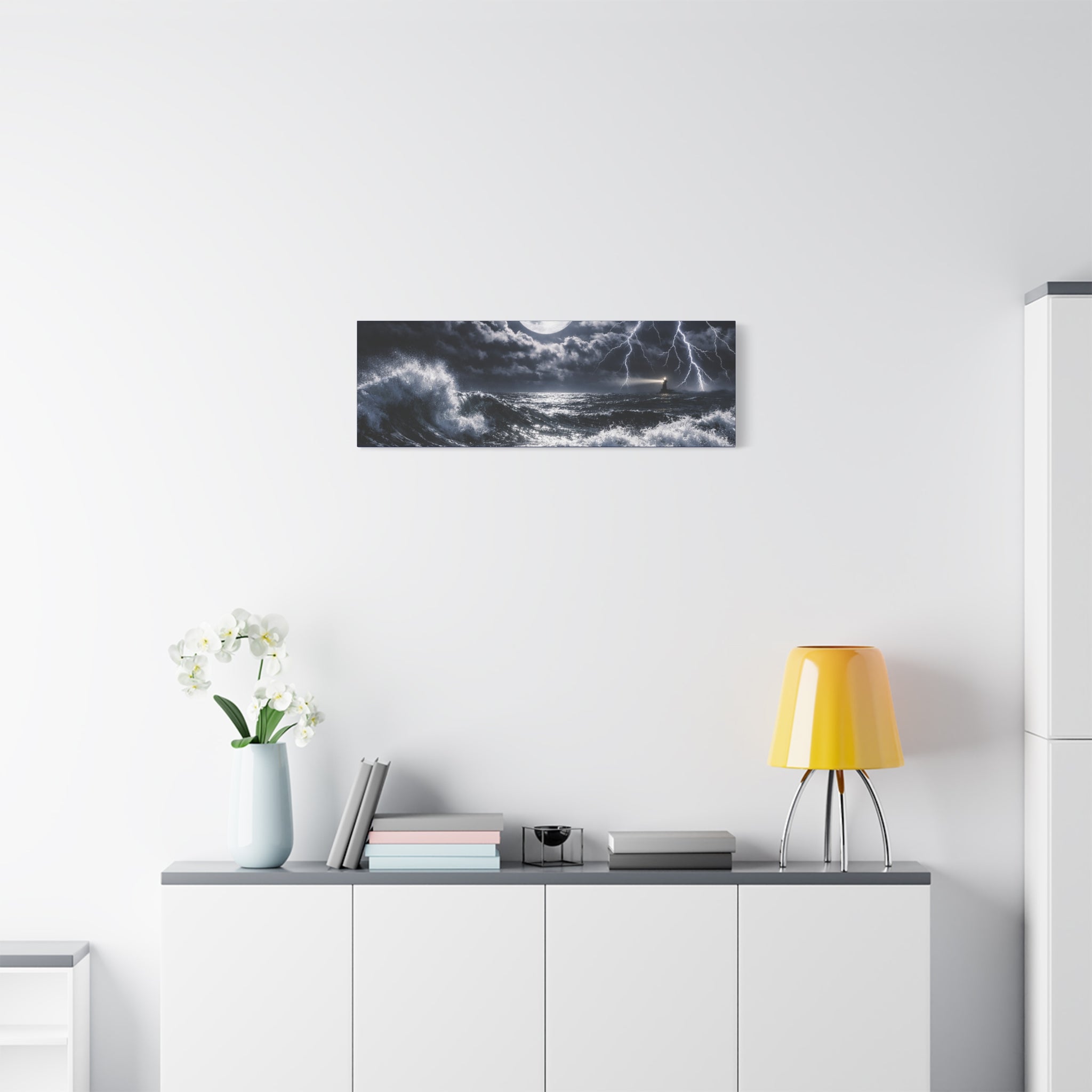 Stormy Moonlit Ocean Canvas Print — Dramatic Lighthouse Wall Art