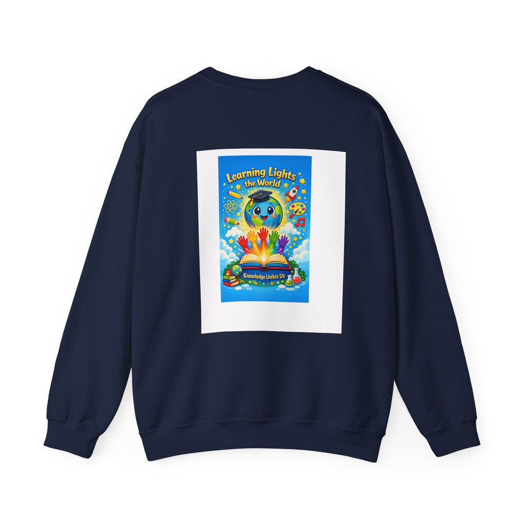 Crewneck Sweatshirt — "Learning Lights the World" Cute Graduation Earth Character Kids Educator Gift